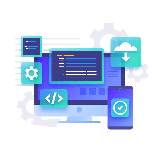 Representación de desarrollo web con computadora y engranajes