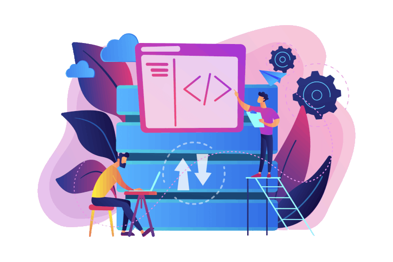 Ilustración de soluciones tecnológicas con personajes programando